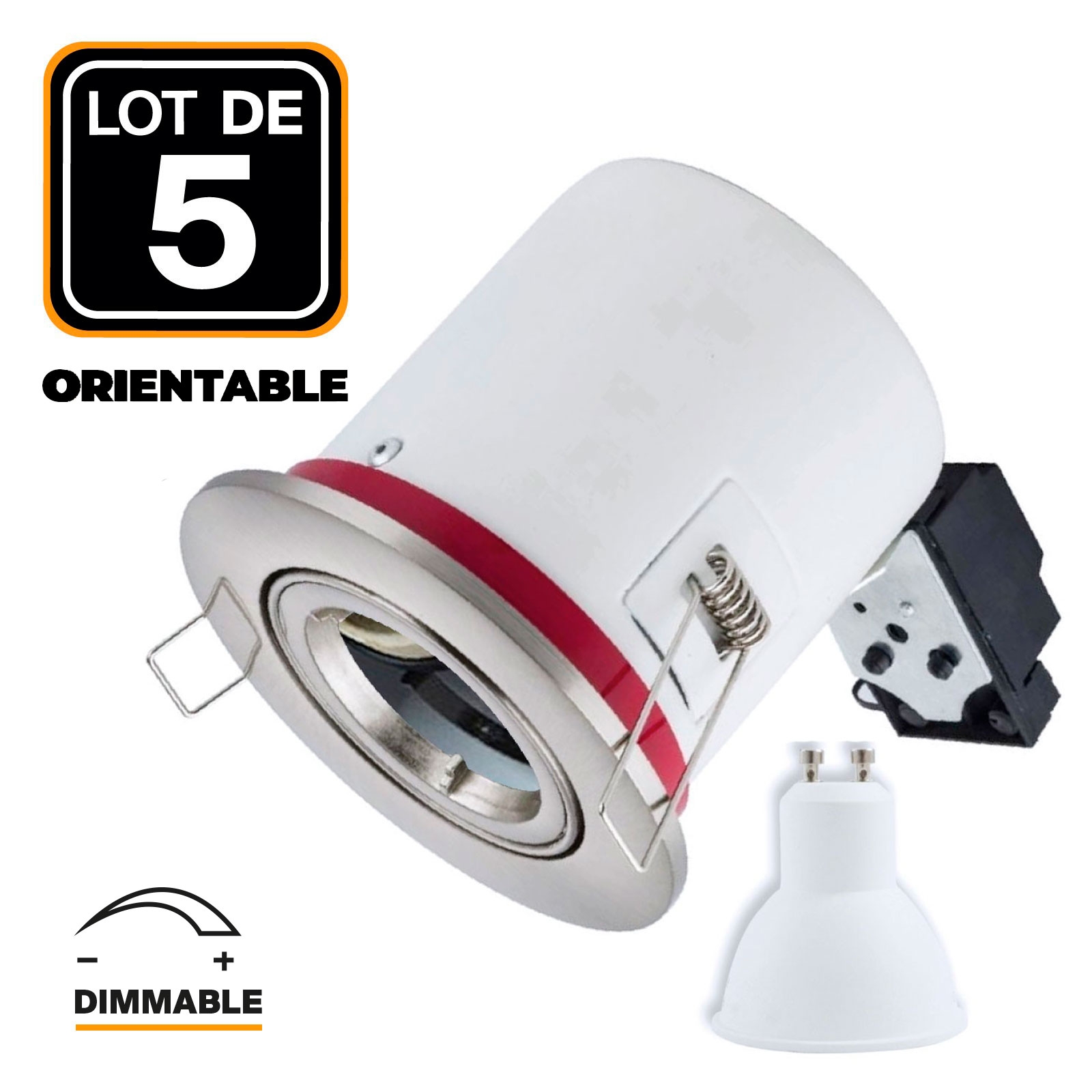 Lot 5 Supports Spots BBC INOX + Ampoule GU10 7W Blanc Chaud Dimmable + Douille